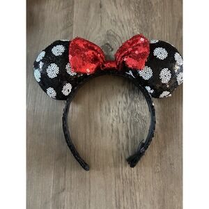 Disney‎ MINNIE MOUSE PLUSH SEQUIN EARS Headband Black w/ White Polka Dots OSFM